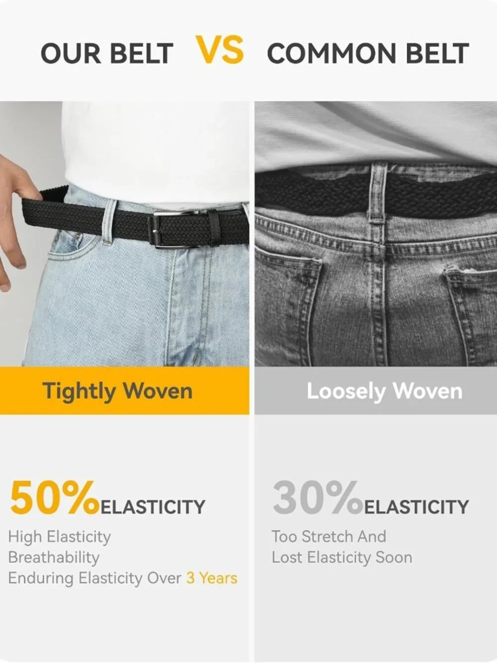 Men's 2-Pack Stretch Braided Golf Belts - Casual Elastic Belts for Pants & Jeans